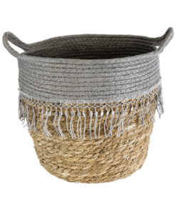 GloboStar® Artificial Garden SYROS 20282 Διακοσμητικό Πλεκτό Καλάθι – Κασπώ Γλάστρα – Flower Pot Μπεζ με Γκρι Φ25 x Υ22cm