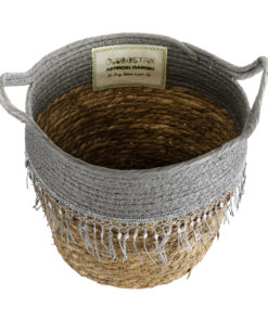 GloboStar® Artificial Garden SYROS 20282 Διακοσμητικό Πλεκτό Καλάθι – Κασπώ Γλάστρα – Flower Pot Μπεζ με Γκρι Φ25 x Υ22cm