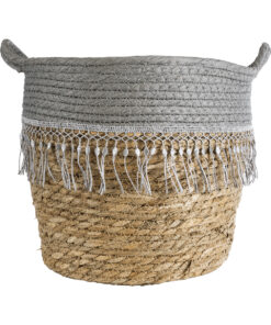 GloboStar® Artificial Garden SYROS 20282 Διακοσμητικό Πλεκτό Καλάθι – Κασπώ Γλάστρα – Flower Pot Μπεζ με Γκρι Φ25 x Υ22cm