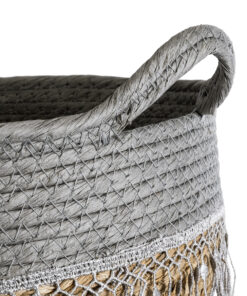 GloboStar® Artificial Garden SYROS 20282 Διακοσμητικό Πλεκτό Καλάθι – Κασπώ Γλάστρα – Flower Pot Μπεζ με Γκρι Φ25 x Υ22cm