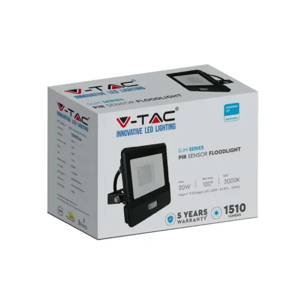 LED Προβολέας με Ανιχνευτή Κίνησης 20W V-TAC PRO Samsung Chip 100° 1510lm Μαύρος IP65 Θερμό 3000K – 20283