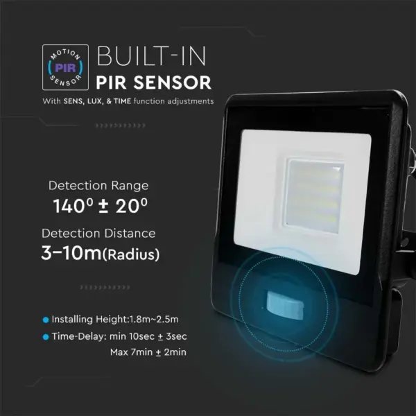 LED Προβολέας με Ανιχνευτή Κίνησης 20W V-TAC PRO Samsung Chip 100° 1510lm Μαύρος IP65 Θερμό 3000K – 20283