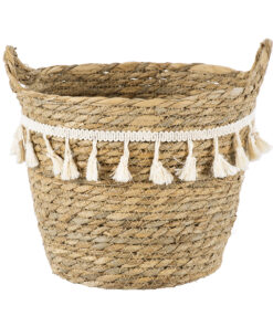 GloboStar® Artificial Garden SANTORINI 20284 Διακοσμητικό Πλεκτό Καλάθι – Κασπώ Γλάστρα – Flower Pot Μπεζ με Μακραμέ Φ20cm x Υ20cm