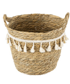 GloboStar® Artificial Garden SANTORINI 20284 Διακοσμητικό Πλεκτό Καλάθι – Κασπώ Γλάστρα – Flower Pot Μπεζ με Μακραμέ Φ20cm x Υ20cm