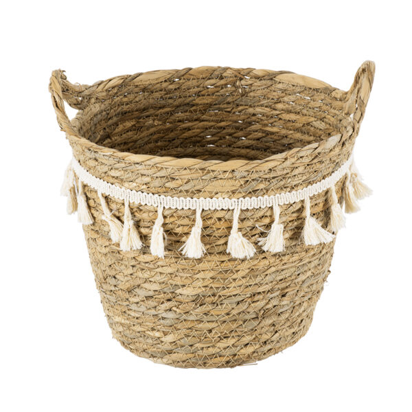 GloboStar® Artificial Garden SANTORINI 20284 Διακοσμητικό Πλεκτό Καλάθι – Κασπώ Γλάστρα – Flower Pot Μπεζ με Μακραμέ Φ20cm x Υ20cm