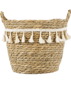 GloboStar® Artificial Garden SANTORINI 20284 Διακοσμητικό Πλεκτό Καλάθι – Κασπώ Γλάστρα – Flower Pot Μπεζ με Μακραμέ Φ20cm x Υ20cm