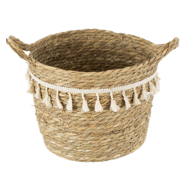 GloboStar® Artificial Garden SANTORINI 20285 Διακοσμητικό Πλεκτό Καλάθι – Κασπώ Γλάστρα – Flower Pot Μπεζ με Μακραμέ Φ25cm x Υ23cm