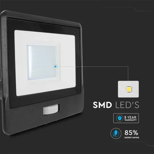 LED Προβολέας με Ανιχνευτή Κίνησης 1m Καλώδιο 30W V-TAC PRO Samsung Chip 100° 2340lm Μαύρος IP65 Θερμό 3000K – 20286