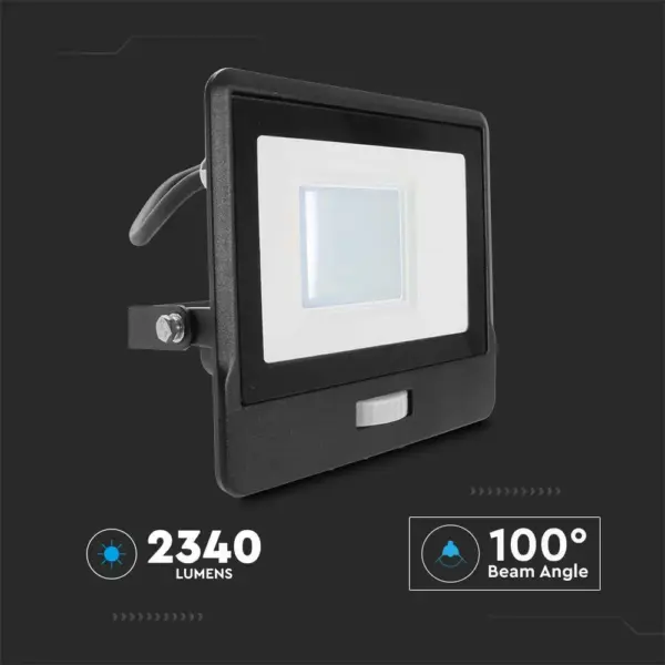 LED Προβολέας με Ανιχνευτή Κίνησης 1m Καλώδιο 30W V-TAC PRO Samsung Chip 100° 2340lm Μαύρος IP65 Θερμό 3000K – 20286