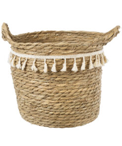 GloboStar® Artificial Garden SANTORINI 20286 Διακοσμητικό Πλεκτό Καλάθι – Κασπώ Γλάστρα – Flower Pot Μπεζ με Μακραμέ Φ31cm x Υ29cm