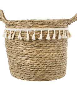 GloboStar® Artificial Garden SANTORINI 20286 Διακοσμητικό Πλεκτό Καλάθι – Κασπώ Γλάστρα – Flower Pot Μπεζ με Μακραμέ Φ31cm x Υ29cm