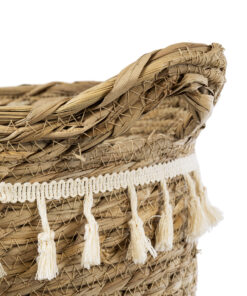 GloboStar® Artificial Garden SANTORINI 20286 Διακοσμητικό Πλεκτό Καλάθι – Κασπώ Γλάστρα – Flower Pot Μπεζ με Μακραμέ Φ31cm x Υ29cm