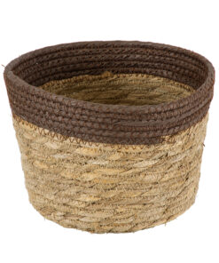 GloboStar® Artificial Garden LEFKADA 20287 Διακοσμητικό Πλεκτό Καλάθι – Κασπώ Γλάστρα – Flower Pot Μπεζ με Καφέ Φ22cm x Υ15cm