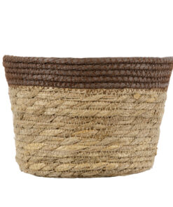 GloboStar® Artificial Garden LEFKADA 20287 Διακοσμητικό Πλεκτό Καλάθι – Κασπώ Γλάστρα – Flower Pot Μπεζ με Καφέ Φ22cm x Υ15cm