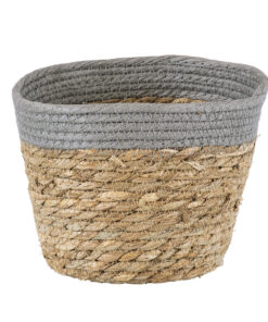 GloboStar® Artificial Garden ANTIPAROS 20288 Διακοσμητικό Πλεκτό Καλάθι – Κασπώ Γλάστρα – Flower Pot Μπεζ με Γκρι Φ18cm x Υ15cm