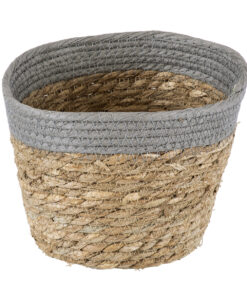 GloboStar® Artificial Garden ANTIPAROS 20288 Διακοσμητικό Πλεκτό Καλάθι – Κασπώ Γλάστρα – Flower Pot Μπεζ με Γκρι Φ18cm x Υ15cm