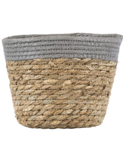 GloboStar® Artificial Garden ANTIPAROS 20288 Διακοσμητικό Πλεκτό Καλάθι – Κασπώ Γλάστρα – Flower Pot Μπεζ με Γκρι Φ18cm x Υ15cm