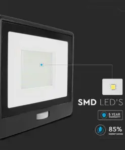 LED Προβολέας με Ανιχνευτή Κίνησης 50W V-TAC PRO Samsung Chip 100° 4000lm Μαύρος με 1m καλώδιο IP65 Θερμό 3000K – 20289