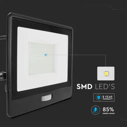 LED Προβολέας με Ανιχνευτή Κίνησης 50W V-TAC PRO Samsung Chip 100° 4000lm Μαύρος με 1m καλώδιο IP65 Θερμό 3000K – 20289