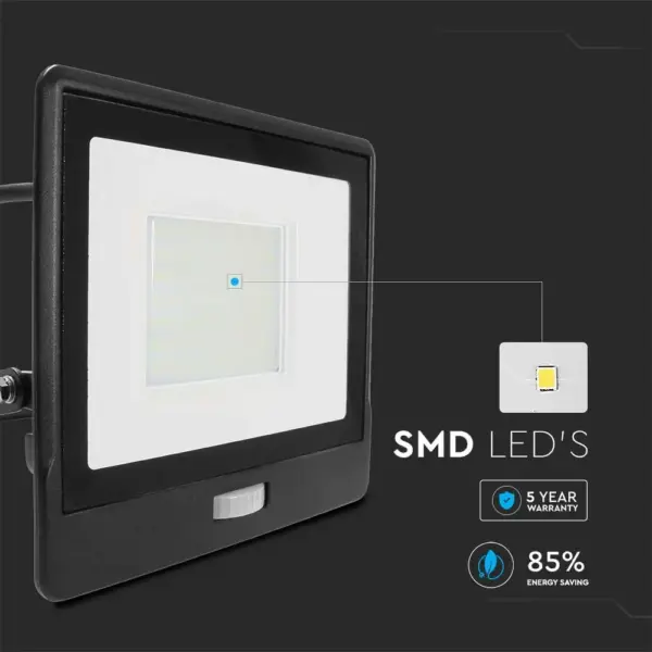 LED Προβολέας με Ανιχνευτή Κίνησης 50W V-TAC PRO Samsung Chip 100° 4000lm Μαύρος με 1m καλώδιο IP65 Θερμό 3000K – 20289