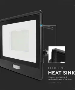 LED Προβολέας με Ανιχνευτή Κίνησης 50W V-TAC PRO Samsung Chip 100° 4000lm Μαύρος με 1m καλώδιο IP65 Θερμό 3000K – 20289