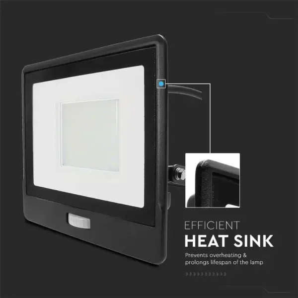 LED Προβολέας με Ανιχνευτή Κίνησης 50W V-TAC PRO Samsung Chip 100° 4000lm Μαύρος με 1m καλώδιο IP65 Θερμό 3000K – 20289