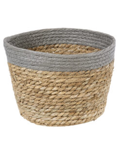 GloboStar® Artificial Garden ANTIPAROS 20289 Διακοσμητικό Πλεκτό Καλάθι – Κασπώ Γλάστρα – Flower Pot Μπεζ με Γκρι Φ22cm x Υ15cm