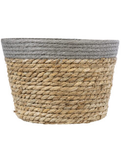 GloboStar® Artificial Garden ANTIPAROS 20289 Διακοσμητικό Πλεκτό Καλάθι – Κασπώ Γλάστρα – Flower Pot Μπεζ με Γκρι Φ22cm x Υ15cm