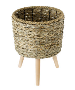 GloboStar® Artificial Garden SKOPELOS 20296 Διακοσμητικό Πλεκτό Καλάθι – Κασπώ Γλάστρα – Flower Pot Μπεζ με Καφέ Φ26cm x Υ36cm