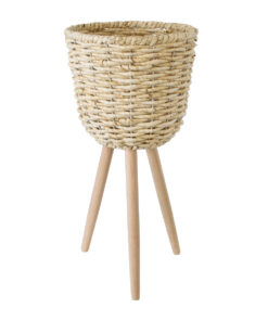 GloboStar® Artificial Garden LIMNOS 20300 Διακοσμητικό Πλεκτό Καλάθι – Κασπώ Γλάστρα – Flower Pot Μπεζ Φ26cm x Υ56cm