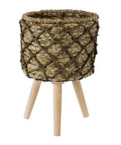 GloboStar® Artificial Garden SAMOS 20303 Διακοσμητικό Πλεκτό Καλάθι – Κασπώ Γλάστρα – Flower Pot Μπεζ με Καφέ Φ22cm x Υ34cm