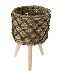 GloboStar® Artificial Garden SAMOS 20303 Διακοσμητικό Πλεκτό Καλάθι – Κασπώ Γλάστρα – Flower Pot Μπεζ με Καφέ Φ22cm x Υ34cm