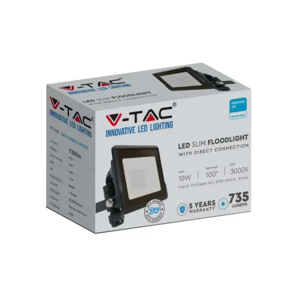 LED Προβολέας 10W V-TAC PRO Samsung Chip Μαύρος 100° 735lm Αδιάβροχος IP65 Θερμό 3000K – 20304