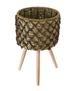 GloboStar® Artificial Garden SAMOS 20304 Διακοσμητικό Πλεκτό Καλάθι – Κασπώ Γλάστρα – Flower Pot Μπεζ με Καφέ Φ27cm x Υ45cm