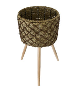 GloboStar® Artificial Garden SAMOS 20305 Διακοσμητικό Πλεκτό Καλάθι – Κασπώ Γλάστρα – Flower Pot Μπεζ με Καφέ Φ32cm x Υ58cm