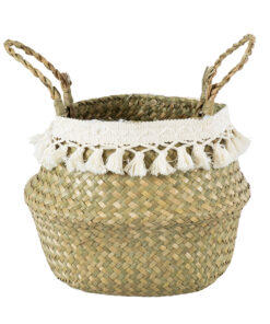 GloboStar® Artificial Garden MILOS 20306 Διακοσμητικό Ψάθινο Καλάθι – Κασπώ Γλάστρα – Flower Pot Μπεζ με Μακραμέ Φ17cm x Υ23cm