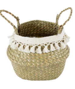 GloboStar® Artificial Garden MILOS 20306 Διακοσμητικό Ψάθινο Καλάθι – Κασπώ Γλάστρα – Flower Pot Μπεζ με Μακραμέ Φ17cm x Υ23cm
