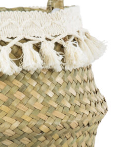 GloboStar® Artificial Garden MILOS 20306 Διακοσμητικό Ψάθινο Καλάθι – Κασπώ Γλάστρα – Flower Pot Μπεζ με Μακραμέ Φ17cm x Υ23cm