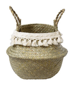 GloboStar® Artificial Garden MILOS 20307 Διακοσμητικό Ψάθινο Καλάθι – Κασπώ Γλάστρα – Flower Pot Μπεζ με Μακραμέ Φ21cm x Υ26cm
