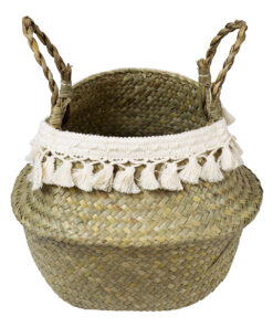 GloboStar® Artificial Garden MILOS 20307 Διακοσμητικό Ψάθινο Καλάθι – Κασπώ Γλάστρα – Flower Pot Μπεζ με Μακραμέ Φ21cm x Υ26cm