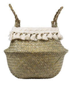 GloboStar® Artificial Garden MILOS 20307 Διακοσμητικό Ψάθινο Καλάθι – Κασπώ Γλάστρα – Flower Pot Μπεζ με Μακραμέ Φ21cm x Υ26cm