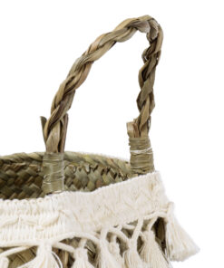 GloboStar® Artificial Garden MILOS 20307 Διακοσμητικό Ψάθινο Καλάθι – Κασπώ Γλάστρα – Flower Pot Μπεζ με Μακραμέ Φ21cm x Υ26cm