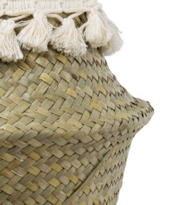 GloboStar® Artificial Garden MILOS 20307 Διακοσμητικό Ψάθινο Καλάθι – Κασπώ Γλάστρα – Flower Pot Μπεζ με Μακραμέ Φ21cm x Υ26cm