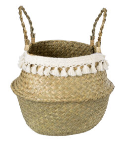 GloboStar® Artificial Garden MILOS 20308 Διακοσμητικό Ψάθινο Καλάθι – Κασπώ Γλάστρα – Flower Pot Μπεζ με Μακραμέ Φ32cm x Υ28cm