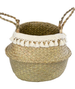 GloboStar® Artificial Garden MILOS 20308 Διακοσμητικό Ψάθινο Καλάθι – Κασπώ Γλάστρα – Flower Pot Μπεζ με Μακραμέ Φ32cm x Υ28cm