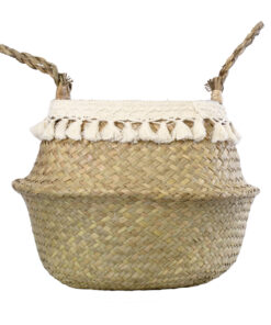 GloboStar® Artificial Garden MILOS 20308 Διακοσμητικό Ψάθινο Καλάθι – Κασπώ Γλάστρα – Flower Pot Μπεζ με Μακραμέ Φ32cm x Υ28cm