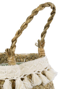 GloboStar® Artificial Garden MILOS 20308 Διακοσμητικό Ψάθινο Καλάθι – Κασπώ Γλάστρα – Flower Pot Μπεζ με Μακραμέ Φ32cm x Υ28cm