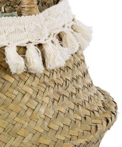 GloboStar® Artificial Garden MILOS 20308 Διακοσμητικό Ψάθινο Καλάθι – Κασπώ Γλάστρα – Flower Pot Μπεζ με Μακραμέ Φ32cm x Υ28cm