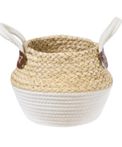 GloboStar® Artificial Garden KIMOLOS 20309 Διακοσμητικό Πλεκτό Καλάθι – Κασπώ Γλάστρα – Flower Pot Μπεζ με Λευκό Φ18cm x Υ21cm