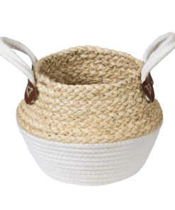 GloboStar® Artificial Garden KIMOLOS 20309 Διακοσμητικό Πλεκτό Καλάθι – Κασπώ Γλάστρα – Flower Pot Μπεζ με Λευκό Φ18cm x Υ21cm